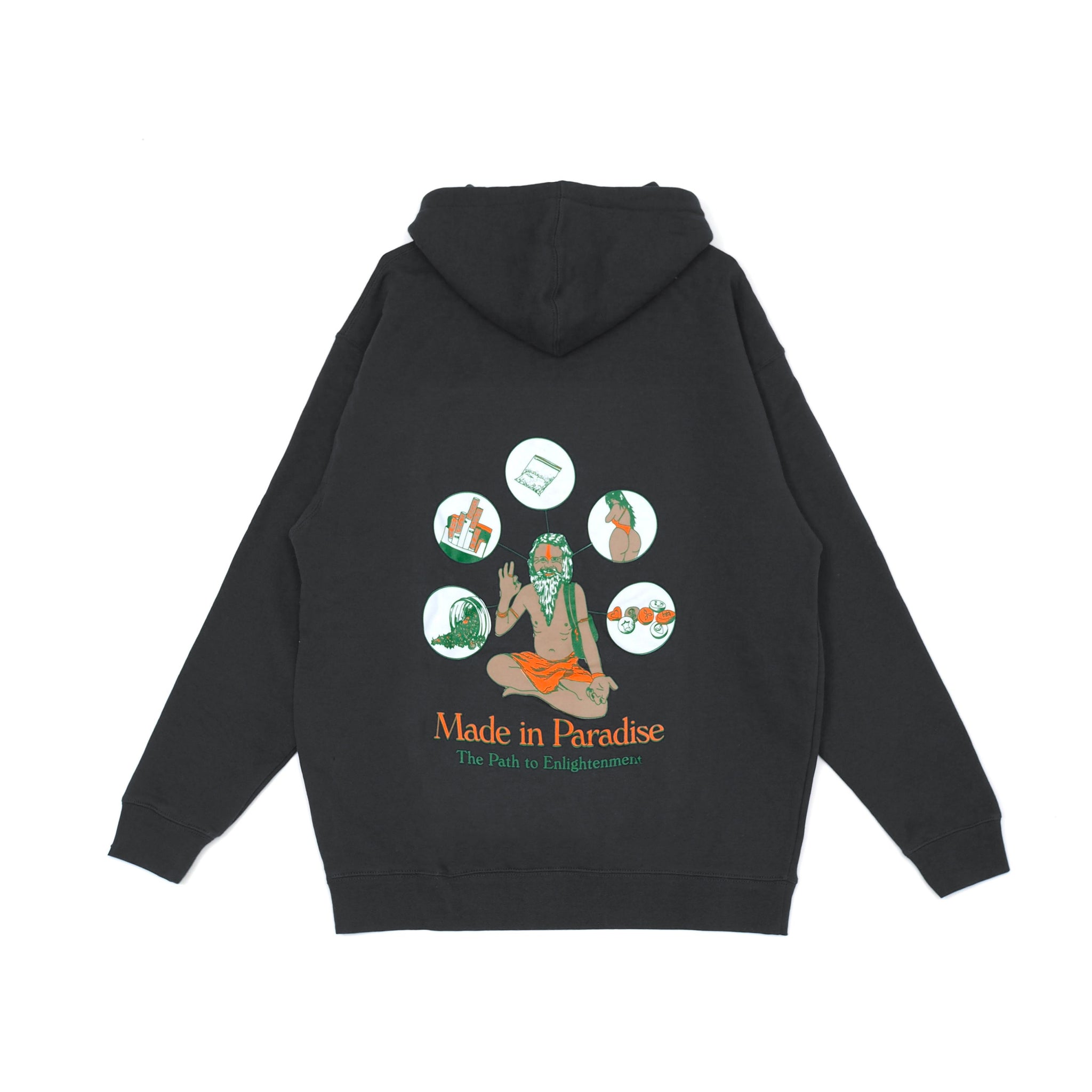 Back view of Made in Paradise Homegrown Collection "PATH TO ENLIGHTENMENT" black hoodie