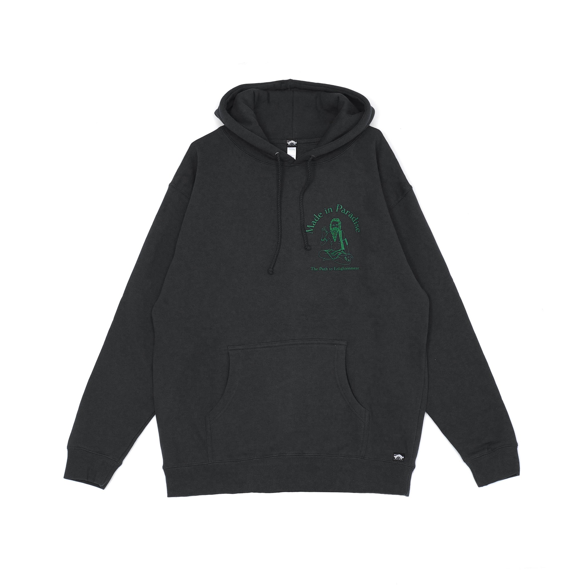 Front view of Made in Paradise Homegrown Collection "PATH TO ENLIGHTENMENT" black hoodie